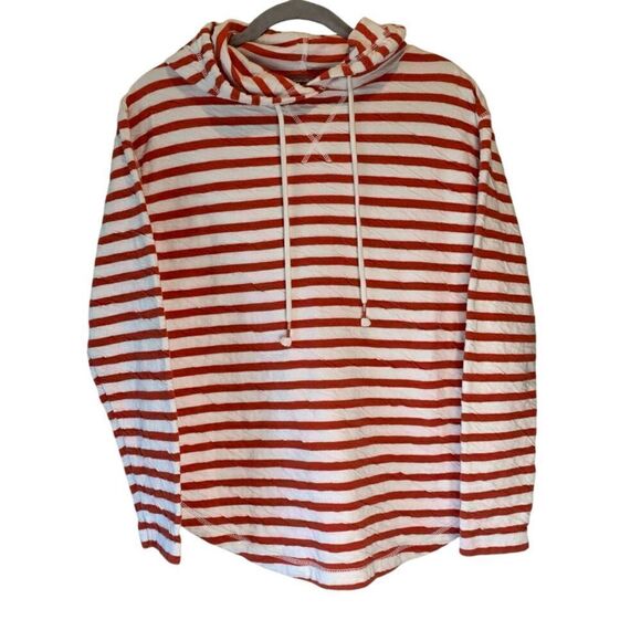 Eddie Bauer Womens Red / White Striped Pullover hooded shirt Rounded Hems Medium - Picture 1 of 4